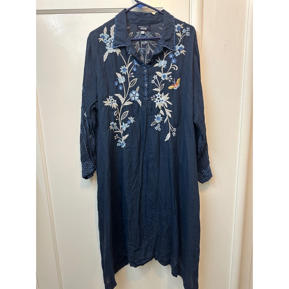 Johnny Was Workshop Navy Blue Embroidered Ramie Tunic Dress XL slip butterfly